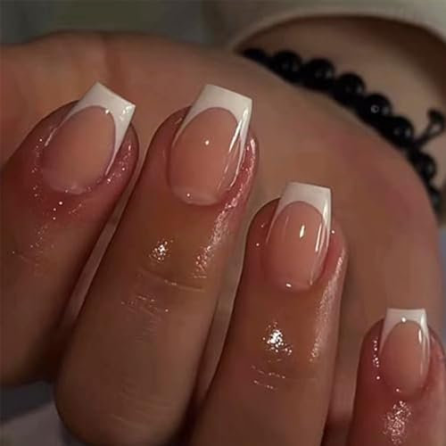 Press on Nails Kurz Quadrat, 24 Stück French White Edge Künstliche Nägel, Nude Ballerina Fake Nägel für Frauen und Mädchen, Acryl Fingernägel für Nail Art