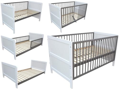 Micoland Kinderbett Juniorbett Beistellbett 140x70 cm 3in1 weiß-grau