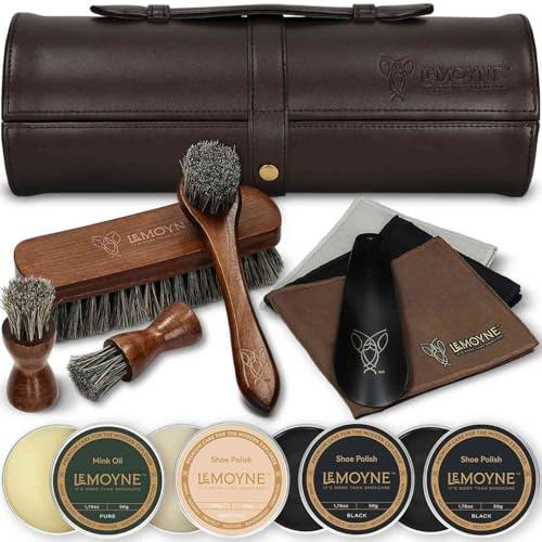 LEMOYNE Leather Shoe Shine Kit for Men - 13 PCS Shoe Polish Kit for Complete Leather Boot Care - Includes Brushes, Mink Oil, Cloths, and More - Perfect for Travel, Office, or Home Use, Black &