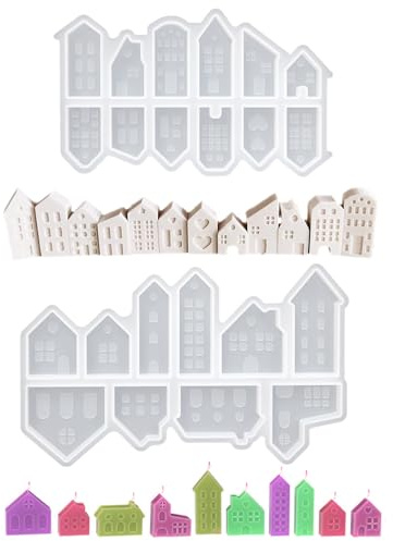 22 Pezzi Stampi in Silicone per Colata Case, 3D Stampo in Resina Portaccandela, Casette per La Casa per Fai Da Te Profumate, Siliconica Sapone Gesso, Decorazioni Natalizie