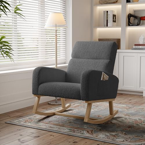 Schaukelstuhl Schaukelsessel. Loungesessel mit Holzsockel und hoher Rückenlehne, Sessel mit 2 Seitentaschen,Teddystoff Stillsessel, Relaxsessel für Wohnzimmer, Schlafzimmer,Ruhebereiche (Dunkelgrau.)