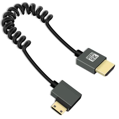 YANBORONSN Câble spiralé 8K Mini HDTV vers HDTV, câble spiralé HD TV vers Mini HD TV, câble HD TV court 2,1 8K@60Hz 48Gbps pour appareil photo/caméscope/tablette(Droite)