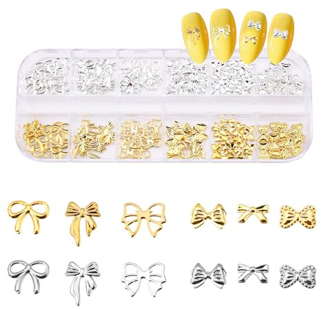 Adornos para Uñas con Lazo en 3D, 6 Diseños Adornos para Uñas con Lazo Adornos para Uñas con Lazos Plateados y Dorados para Niñas Mujeres Diseño de Uñas (1 Caja, Cantidad Aleatoria)