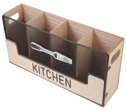 Mobestech Organisateur de Couverts Boîte de Rangement Cuisine Grosse Capacité en Bois Compartiments Multiples Vintage en Bois et Métal pour Plan de Travail Cuisine