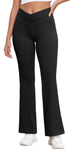 GRECERELLE Pantalon large pour femme - Pantalon de yoga croisé - Taille haute - Pantalon de jogging en tissu avec poches - Élégant - Contrôle du ventre - Pantalon de sport pour la gym, le sport, Noir