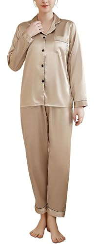 Heersan Conjunto de Pijama de Seda de Satén para Mujer, Pijama Mujer Invierno Suave Conjunto de Pijama Largo, Ropa de Descanso con Bolsillos y Botones