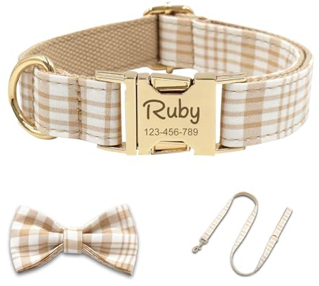 Hundehalsband Personalisiert mit Gravur Namen & Telefonnummer Halsband Leine und Schleife Set, Dog Collar, Katzenhalsband, Halsbänder Breit für Große Kleine Hunde Katzen (Beige)