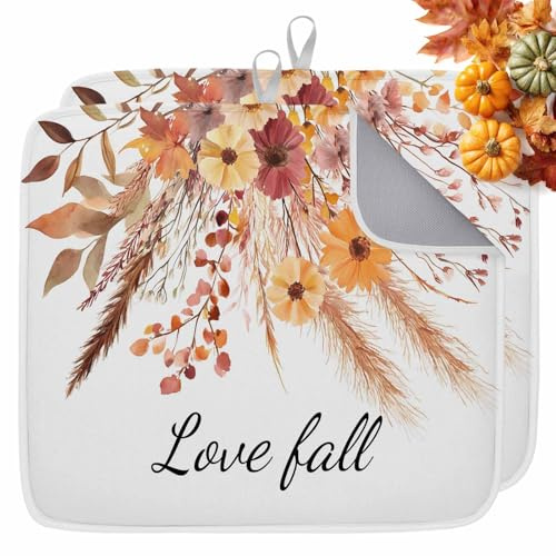 Love Fall Dish Drying Mat, 18''x24'', 2PCS, Thanksgiving Flower Pine Cone Super Absorbent Kitchen Mats Reed Maple Leaf Dish Drying Pad for Kitchen Counter