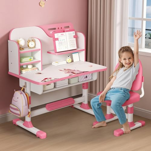 Tifemap Scrivania Bambina, Scrivania per Bambini con Piano da Disegno Inclinabile, Banco Scuola per Casa e Studio Altezza Regolabile, Tavolo da Studio per Bambini con Sedia (Rosa-b)