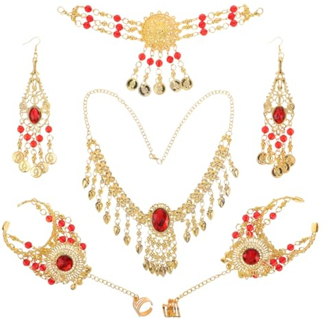 Hemobllo Bauchtanz Schmuck Set Damen(4-tlg): Orientalischer Schmuck Gold mit Münzen & Roten Steinen - Inkl. Kopfkette, Halskette, Ohrringe & Armband - Bollywood Kostüm für Fasching, Karneval & Tanz