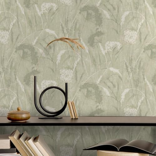 SOPHIE LAURENCE Sage Green Floral Wallpaper – Textured Vinyl with Metallic Gold Accents | Botanical Flower Trail Feature Wall Wallpaper Roll 10 m