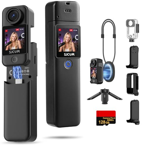 SJCAM C300 Vlogging Camera with 128GB Card,4K Body Camera with 7H Power,6-Axis Stabiization,Detachable Design Pocket&Handheld Action Cam,Magnetic Wearable 170°POV Sports Camera for Outdoor,Black
