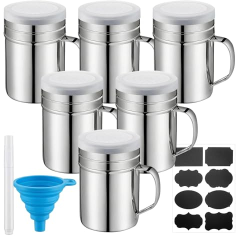 6Pcs Flour Sugar Salt Shaker - 220ML Stainless Steel Chocolate Dredges Metal Shaker with Handle & Lid, Flour Salt Dredge Shakers with Silicon Funnel, Marker Pen and Stickers for Icing Sugar Salt Cocoa
