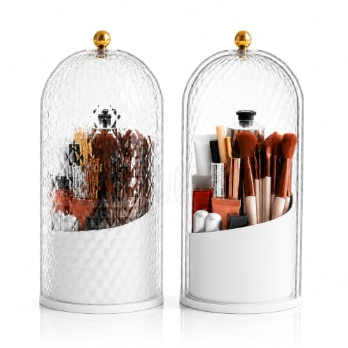 FAVORTALKMakeup Brush Holder Organiser with Lid, 360° Rotating Brushes Container Acrylic Dustproof Cosmetic Storage Box for Vanity Bedroom Bathroom Dressing Table (White)