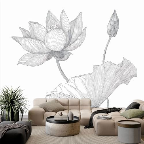Fotomurale Carta da parati 300 x 210 cm, TNT Murale alla moda Decorazione da Muro XXL Bianco Poster Gigante Design Carta per pareti Fotografica Disegnato A Mano Schizzo Floreale Loto