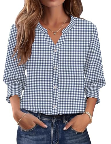 Rapbin Chemisier à manches 3/4 pour femme - Manches longues - Col en V - Haut boutonné - Robe d'été