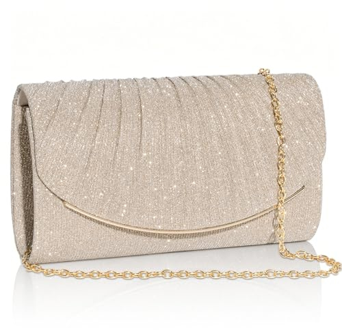 Toptime Damen Clutch, Plissee Glitzer Abendtasche mit Abnehmbare Metallkette, Elegant Handtasche Damen Klein mit Innentasche, Pailletten Umschlag Brauttasche für Hochzeit Party Prom (Champagner)