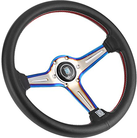 Nosqew NARDI Style Racing Steering Wheel 350mm 14in Black Perforated Leather 6 Half Dish Universal Steering Wheel Replacement for Sports Cars Custom Builds Aluminum Alloy Frame