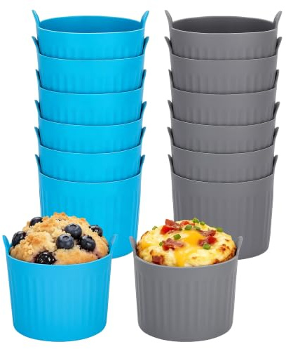 Zourglow 12 Pezzi Pirottini per Friggitrice ad Aria in Silicone, Non-BPA | 150ml Stampo Muffin Alimentare di Qualità Alimentare con Manici Laterali, Riutilizzabile e Antiaderenti, 6 Grigi e 6 Blu