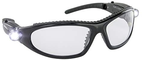 LED Inspector Safety Glasses | Protective Eyewear | Black Frame, Polycarbonate Clear Frames | Low to High Impact | Built-In LED Lights | 99.9% UV Protection | Woodworking, Construction, Mechanic