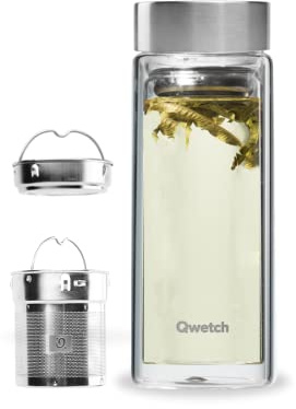 Qwetch - Théière Infusion en Verre - 320ml Bouchon Inox - Bouteille infuseur avec filtres - Sans BPA, Étanche & Réutilisable - Idéale pour Thé, Tisane, Eau fruitée