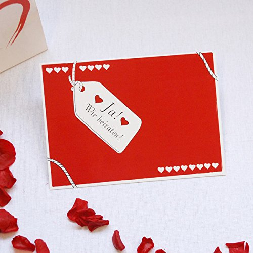 Save the Date Karte Liebe, rot , 30er Set - romantische Karte in rot mit aufgedrucktem Anhänger, Schriftzug Ja! Wir heiraten! und kleinen Herzen
