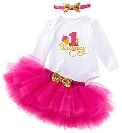 3PCS Ropa Bebé Niña Recién Nacida Traje de Cumpleaños Manga Larga Algodón Mameluco+Tutu Falda+Diadema Conjunto,Rosa Roja/0-3 Meses