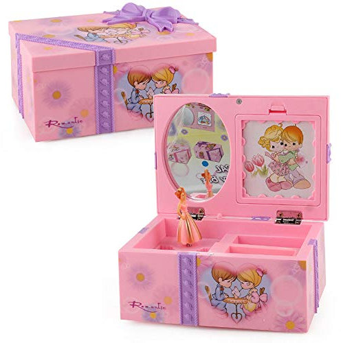 BIASTNR Schmuckkästchen mit Feenmotiv für Kinder – mit drehbarer kleiner Prinzessin und Spiegel, rosa Glitzer, Kinder-Schmuckschatulle, integrierte mehrere Gitter für die Schmuckschatulle