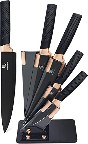 HL zhujiabao Schwarzes Küchenmesserblock-Set mit Acrylständer 6PCS Professionelles Edelstahl-Kochmesser-Set mit Antihaftbeschichtung und ultrascharfem Messerblock-Set als Geschenk für Mann und Frau