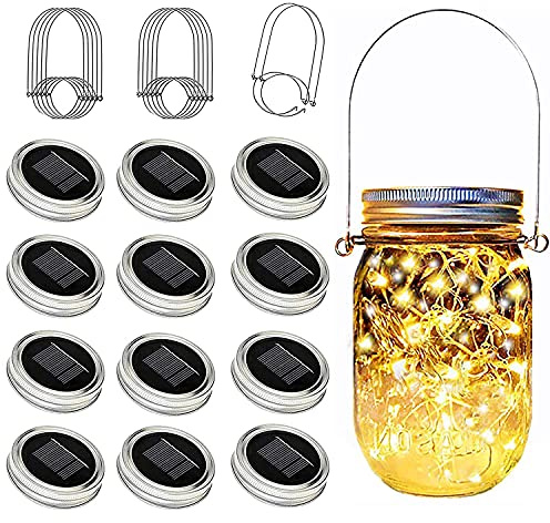 yeuago 12 Pack Solar Mason Jar Lid Lights - 30 LED Firefly Fairy String Lights, Waterproof Outdoor Solar Lights with Hangers for Regular Mouth Jars (No Jars Included)