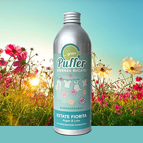 Green Puffer ESSENZA BUCATO DELICATO MULTIUSO per bucato e tessuti senza composti chimici. Eco-profumatore igienizzante ed elimina odori. Made in Italy (Estate Fiorita, 500 ml)