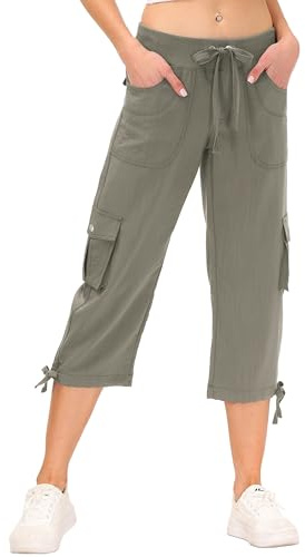 JINSHI Pantalons Femme Pantacourt Cargo d'été 3/4 Long Capri Pantalon avec Plusieurs Poches Gris Kaki L