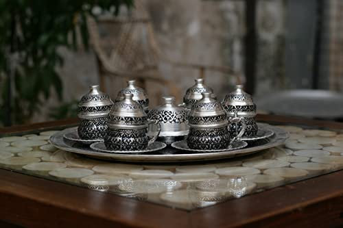 Ensemble de tasses à café turques en cuivre (argent), service de service turc, service à café, plateau de service à café, 6 tasses à café, 27 pièces