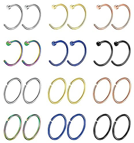Whoiy Nasenring zum Klemmen Ohne Loch, Nasenpiercing Ring Silber 12 Stück Edelstahl 316L Piercing Set C-Form für Männer Frauen