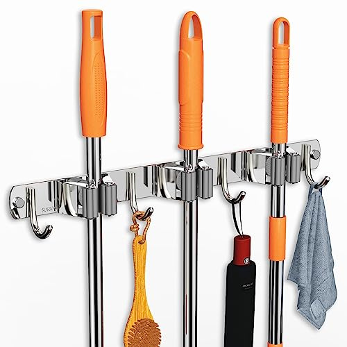 CUXIXA Mop and Broom Holder Wall Mount, Upgraded Broom Organizer Wall Mount, Stainless Steel Broom Hanger Wall Mount for Home Kitchen Garden Laundry Garage (3 Racks with 4 Hooks) | Upgraded Broom Organizer Wall Mount, Stainless Steel Broom Hanger Wall Mount, 3 Racks with 4 Hooks, Silver