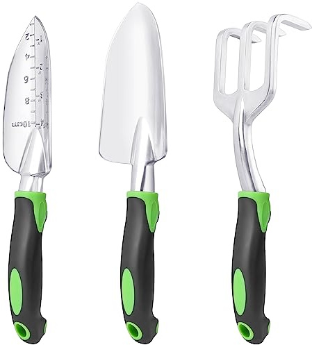 Garden Tools Set, 3 Pack Heavy Duty Gardening Tools Set Include Garden Shovel, Transplant Trowel and Hand Rake with Ergonomic Non-Slip Handle, Aluminum Alloy Lawn and Garden Hand Tools for Planting