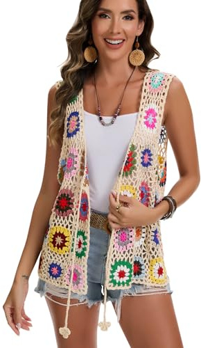 Gilet quadrato all'uncinetto con fiori africani all'uncinetto, maglione a blocchi di colore, cardigan aperto davanti multicolore lavorato a maglia, Beige, taglia unica