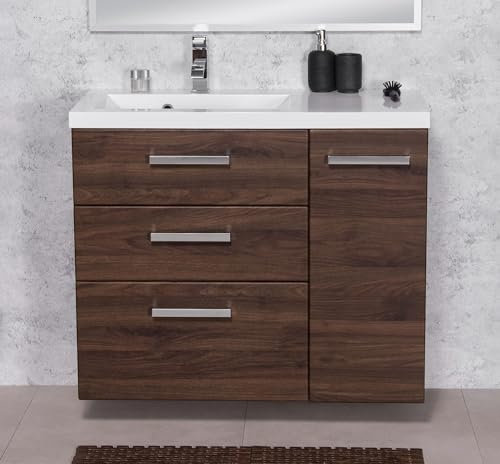 Quentis Badmöbelset Genua Breite 90 cm, Holzdekor Nussbaum, Waschbeckenunterschrank montiert