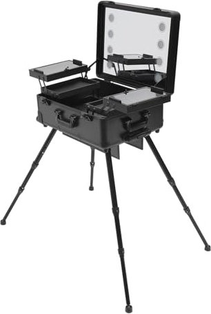 4 Räder Kosmetikkoffer Trolley Kosmetikkoffer Make Up Beauty mit Spiegel Makeup Station Schminktisch Abdeckplatte Leicht zu reinigen Ausziehbare Regale Professioneller Kosmetikkoffer Schwarz