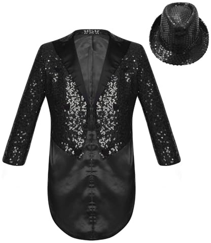 Kvysinly Kids Boys Glitter Tuxedo Tailcoat Jacket Coat Blazer Costume with Hat for Pageant Party Stage Performance Black 14 Years