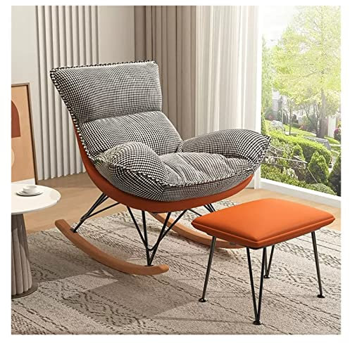 Mid Century Schaukelstuhl Stillstuhl mit Fußhocker – Akzentsessel aus Teddy-Stoff für Wohnzimmer, Schlafzimmer, Büro, Kinderzimmer – gepolsterter Sitz – Freizeit-Relaxstuhl