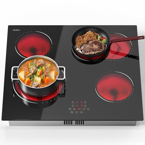Hobsir Plaque Vitrocéramique 4 Feux, Table de Cuisson électrique 60CM Encastrable, Contrôle Tactile, Zone Ovale et Double Zone, 6600W, 9 Niveau de Puissance, Minuterie, Sans Prise, 240V