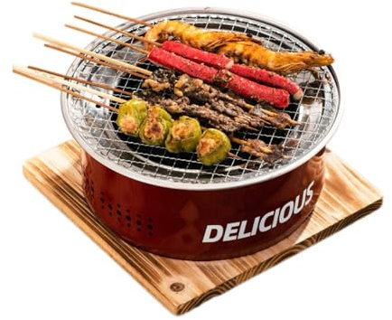 hxoity Grille De Barbecue BBQ Compacte sans Fumée De Table Barbecue À Charbon Amovible Portable avec Filet De Barbecue, Plaque De Barbecue, Lève-Mailles, Pince À Barbecue, Base Anti-brûlure en Bois