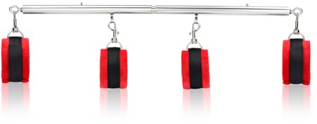 Silver Adjustable Exercise Stainless Steel Spreader Bar with 4pcs Furry Red Adjustable Straps, Yoga Training Fitness Gear, Workout Bar,Sports Gym Kit