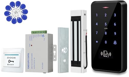 ReaIOKbii Kit de sistema de control de acceso para puerta exterior impermeable IP68, teclado RFID, cerradura magnética de 180 kg, fuente de alimentación, 10 llaveros