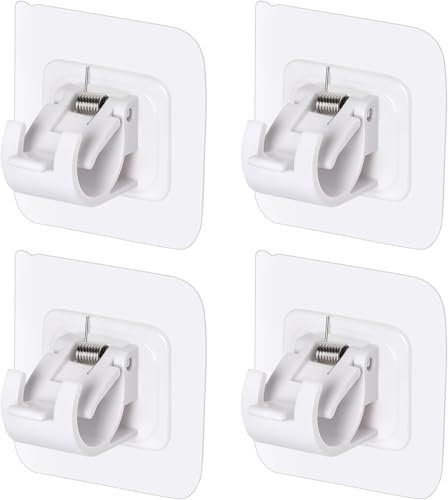 GJFWQC 4 Self-Adhesive Curtain Rod White Hooks,with 2 Sticky Hooks, Curtains Rod Hook, Shower Curtain Towel Crossbar Fixing Clip, Waterproof, Used in Family Bathrooms, Kitchens, Hotels,Etc.