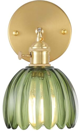 AoLa Retro Gold Wandleuchte Einstellbar E27 Vintage Metall Wandlampe mit Schalter Grün Glas Lampenschirm Loft-Stil Nachttischlampe für Bar Café Restaurant Wohnzimmer Schlafzimmer(Ohne Leuchtmittel)﻿
