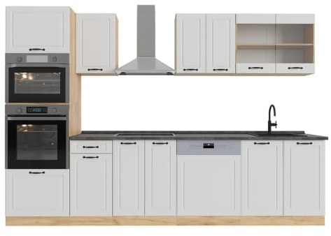 Vicco Küchenzeile R-Line, Weiß Landhaus/Goldkraft Eiche, 300 cm