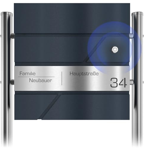 Graviers Design Standbriefkasten mit Funkklingel - Postkasten personalisiert Edelstahl Lasergravur Name Hausnummer Straßenname - Anthrazit RAL 7016 Briefkasten Schloss Design 2