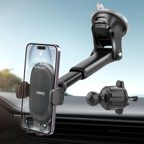 APPS2Car Supporto per telefono da auto, cruscotto e parabrezza, supporto universale a 360° per iPhone 12/11/Pro, Samsung S21 e altri (aspirazione + gancio di ventilazione)